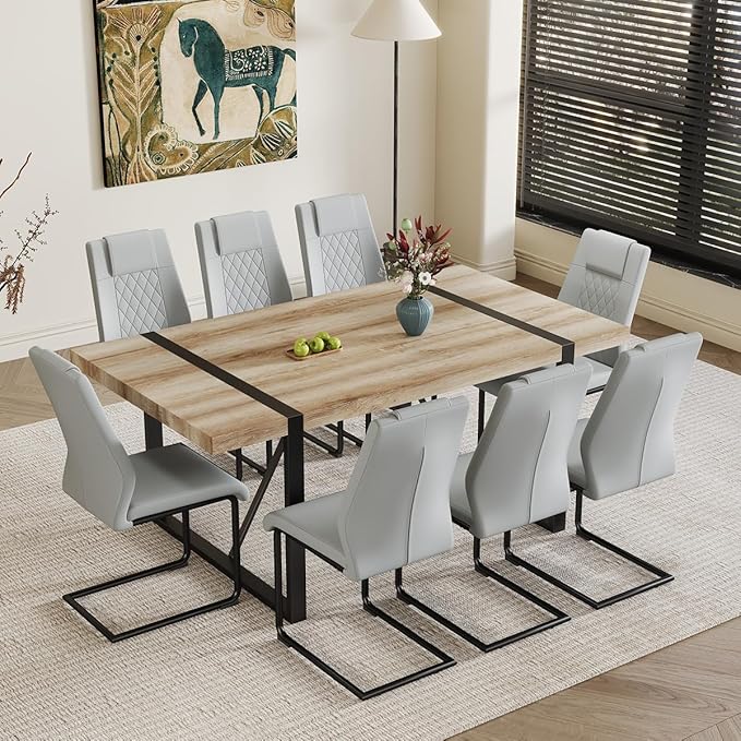 9 Piece Dining Table Set，Dining Room Table Set for 8，71'' Kitchen Table and PU Leather Chairs Set of 8，8 Chair Dining Table Set for Kitchen Dining Room