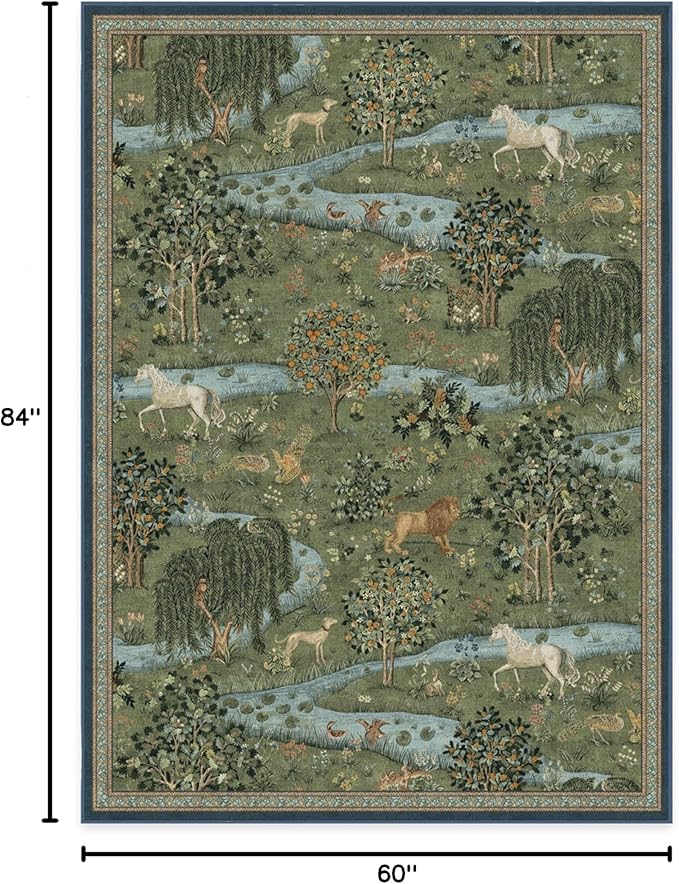 RUGGABLE x Morris & Co Washable Area Rug – Owl & Willow Green 5x7, Stain-Resistant, Non-Slip – Medium Machine Washable Rugs for Living Room, Bedroom, Hallway, Entryway & Office–with Standard Pad