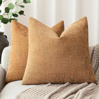 Foindtower Set of 2 Soft Textured Chenille Throw Decorative Pillow Covers Square Accent Solid Cushion Cover Neutral Farmhouse Pillow Case for Couch Sofa Bedroom Living Room 16x16 Inch,Golden Brown