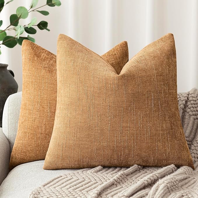 Foindtower Set of 2 Soft Textured Chenille Throw Decorative Pillow Covers Square Accent Solid Cushion Cover Neutral Farmhouse Pillow Case for Couch Sofa Bedroom Living Room 26x26 Inch,Golden Brown