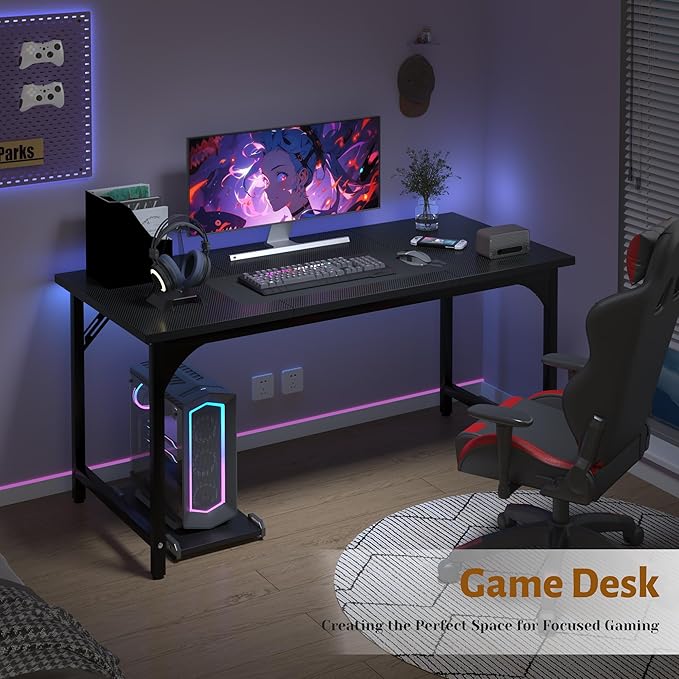 AZN Computer Desk, 47in Computer Desk, Gaming Office Desk w/Carbon Fiber Tabletop, Gaming Office Desk w/Sturdy Metal Frame, Home Office Desks w/Large Legroom for Game Work Study Writing, Black