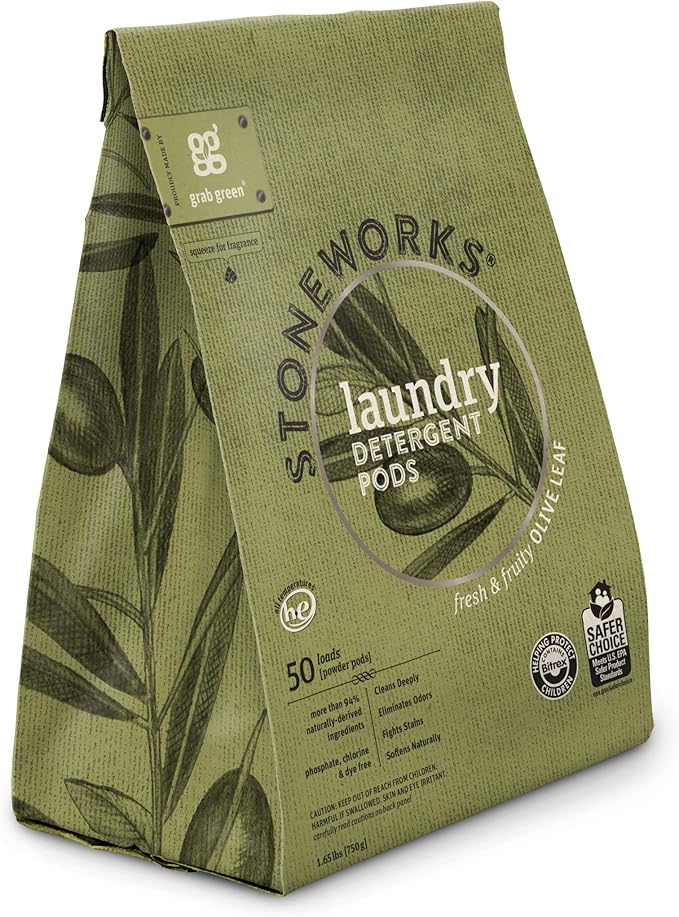 Grab Green Stoneworks Laundry Detergent Pods, 100 Count, Olive Leaf Scent, Plant And Mineral Based, Cleans Deeply, Eliminates Odors, Fights Stains, So