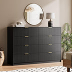 3-Piece Dresser Bedroom Set, 8 Drawer Dresser & 3 Drawer Nightstands with Gold Handles, Fluted Wood Chest of Drawers for Bedroom, Living Room, Entryway, Black