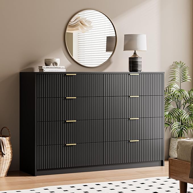 3-Piece Dresser Bedroom Set, 8 Drawer Dresser & 3 Drawer Nightstands with Gold Handles, Fluted Wood Chest of Drawers for Bedroom, Living Room, Entryway, Black