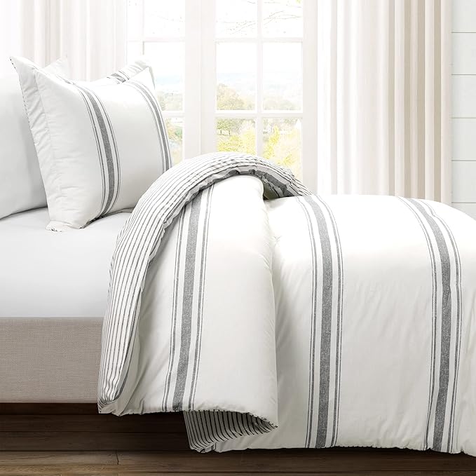 Lush Decor Farmhouse Stripe Reversible Cotton Comforter Set , 2 Piece Set, Twin XL, Dark Gray - Twin Bedding Set - Dorm Decor - Striped Comforter For Kids Or Teens - Modern Farmhouse Bedroom Decor