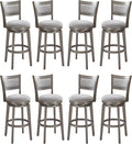 PrimeZone Swivel Bar Stools Set of 8, 30 Inch Bar Height Barstools, High Back Bar Stool with Solid Wood Legs & Wrap-Around Footrest, Counter Stools for Kitchen Island, Pub, Grey