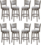 PrimeZone Swivel Bar Stools Set of 8, 30 Inch Bar Height Barstools, High Back Bar Stool with Solid Wood Legs & Wrap-Around Footrest, Counter Stools for Kitchen Island, Pub, Grey