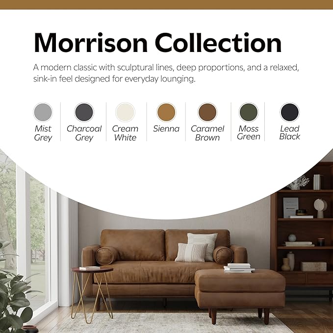 SIMPLIHOME Morrison Mid-Century Modern 72 inch Wide Sofa with Ottoman Set in Caramel Brown Genuine Leather for the Living Room and Family Room