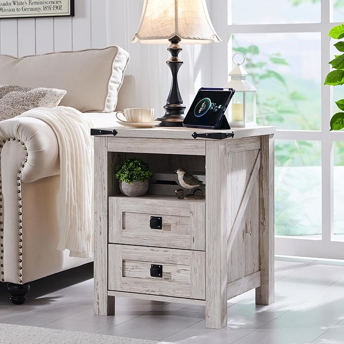 T4TREAM Nightstand with Charging Station, End Table, Side Table with 2 Drawers Storage Cabinet for Bedroom, Living Room, Farmhouse Design, Wood Rustic, Antique Brush White