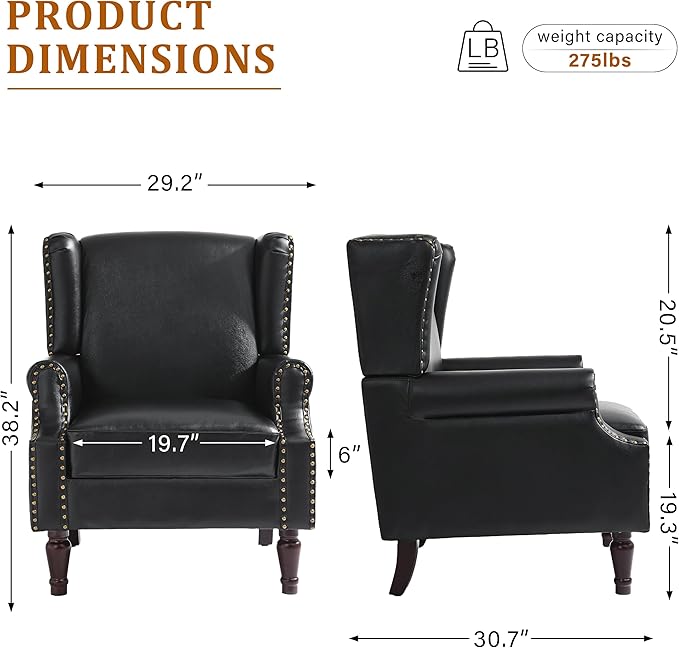 Faux Leather Wingback Accent Chair, High Back Upholstered Armchair, Comfy Fabric Wingback Arms Chairs with Solid Wood Legs, Single Sofa Reading Chair for Bedroom Living Room, Black