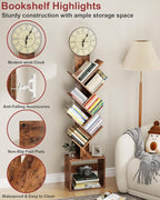 7 Tier Tree Bookshelf with Clock and Storage Cabinet, Small Narrow Floor Standing Bookcase for Bedroom, Living Room, Home Office, Dark Brown