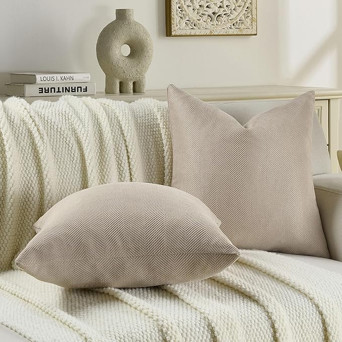 FUTEI Oatmeal Chenille Throw Pillow Covers 12x20 Inch Set of 2,Soft Wide Chevron Textured Lumbar Pillow Cases,Farmhouse Home Decor for Couch Bed Living Room