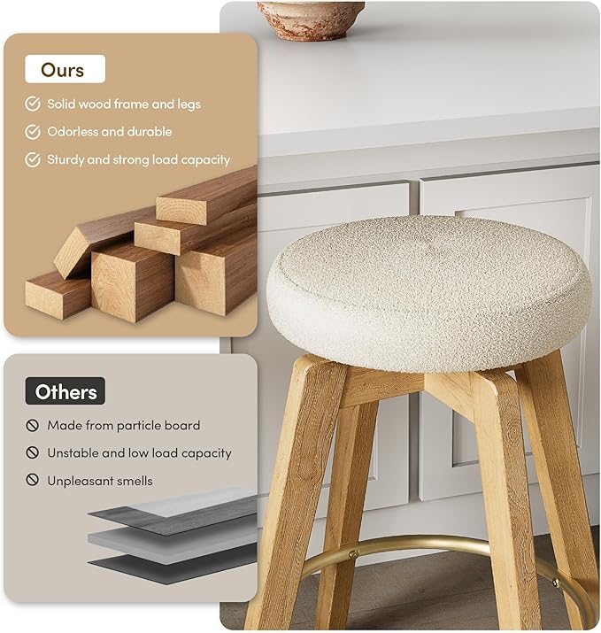Swivel Premium Solid Wood Counter Stool 25", Set of 2, 360° Rotating Upholstered Cushion, Backless Bar Chair for Island, Pub, Kitchen, Dining Room (Light Oak)
