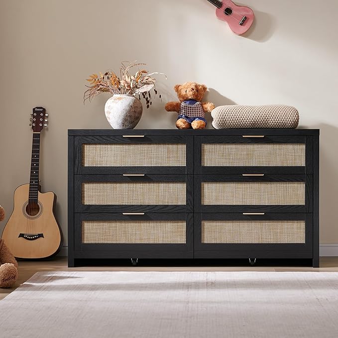 SICOTAS Rattan Dresser for Bedroom, 56.9" Wide 6 Drawer Dresser with Ample Storage, Wooden Dressers Large Chest of Drawers, Closet, Boho TV Stand for Bedroom (Black Oak, 2 Pieces)