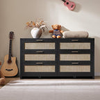 SICOTAS Rattan Dresser for Bedroom, 56.9" Wide 6 Drawer Dresser with Ample Storage, Wooden Dressers Large Chest of Drawers, Closet, Boho TV Stand for Bedroom (Black Oak, 2 Pieces)