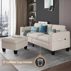 Youmumeub Couches for Living Room-Convertible Sectional Sofa, L-Shape Linen Fabric Sofa Couch with Storage Ottoman, Suit 3-Seats Sofa for Small Living Room and Apartment-Beige(USB+2 Cup Holder)