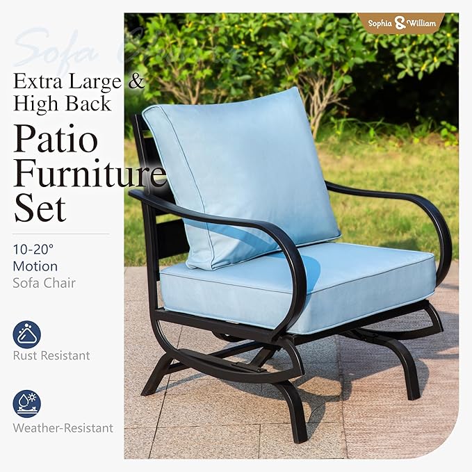 Sophia & William Patio Furniture Sets 5 Seats Outdoor Metal Conversation Sets 5 Pcs with 2 x Cushioned Swivel Sofa Chairs,1 x 3-Seat Sofa,2 x Ottomans for Coffee Lawn Backyard Poolside Blue