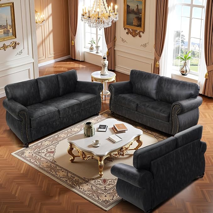 Mid-Century Vintage Sofa Couches with Rivet Design,loveseat Sofa,Removable Sofa Cover Upholstered Cushions and Solid Wood Frame (Grey, Loveseat)