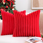 Pallene Faux Fur Plush Christmas Throw Pillow Covers 18x18 Set of 2, Luxury Soft Fluffy Striped Decorative Pillow Covers for Sofa, Couch, Living Room, Red