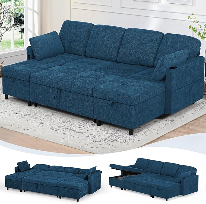 110" Sectional Pull Out Sofa Bed with Adjustable Backrests, U-Shaped Sleeper Sofa with USB Ports, Upholstered Reversible Couch with Cup Holder & Storage Space for Living Room, House, Blue