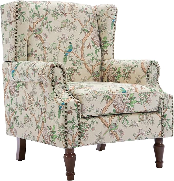 UIXE High Back Floral Accent Chair, Fabric Upholstered Armchair Wingback Arm Club Chair for Living Room, Nailhead Trim Single Sofa Bedroom Side Reading Seat with Solid Wood Legs - Bird Pattern