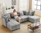 133" U-Shaped Modern Sofa, Modular Sectional Cloud Couch with 2 Ottoman, Oversized Modular Sectional Sofa with Storage Ottoman, 6-Seat Chenille Deep Seat Sofa with 6 Pillows for Living Room, Grey