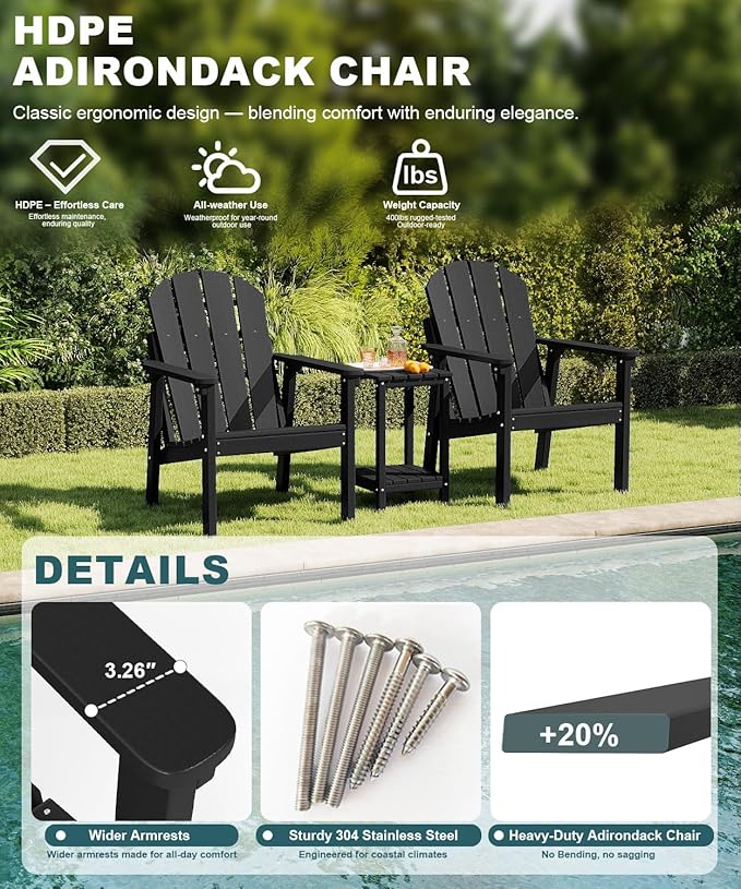 Adirondack Chair Set of 2, All Weather HDPE Fire Pit Chairs, Oversized Plastic Adirondack Chair for Outdoor, Balcony, Deck, Backyard, Patio, Garden, Poolside, Lawn Black