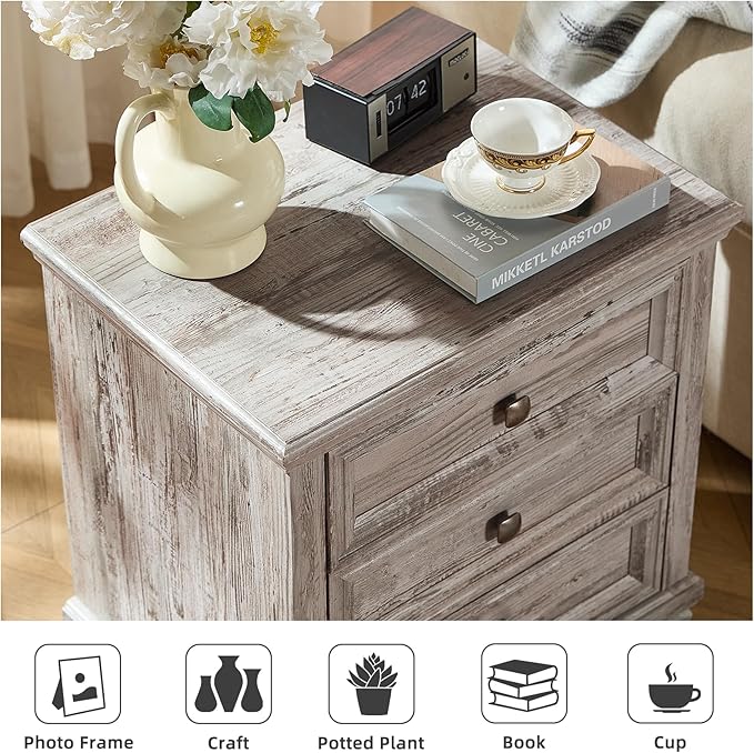 Farmhouse Nightstand with 3 Drawers, Rustic Couch End Table with 4 Square Solid Wood Legs, Mid-Century Vintage Bed Side Table with Storage, Small Dresser for Bedroom, Living Room, Grey