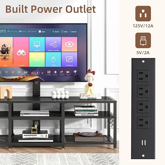 VECELO 71" TV Stand with Mount and Power Outlets, Entertainment Center with Open Storage Shelves, Height Adjustable Mount up to 80”, Wooden Table and Metal Frame for Living Room, Modern Black