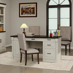 61.85″ Executive Desk with Roman Column Design, Large Boss Office Desk 3 Drawers incl. File Drawer, Keyboard Tray, Cabinet Shelf with Door, White with Brown Desktop
