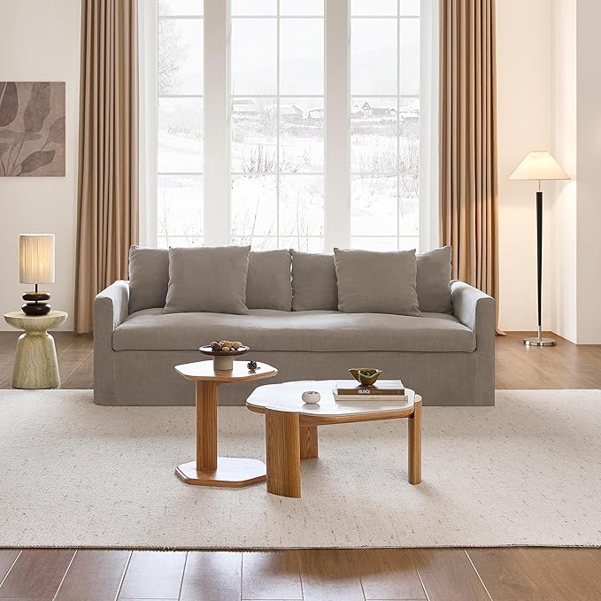 SICOTAS 90.5" Modern Sofa with Deep Seat, Large Down-Filled Cloud Couch with 4 Pillows & Solid Wood Frame, Oversized 3 Seater Sofa Comfy Sleeper Couches for Living Room, Apartment, Wheat Gray