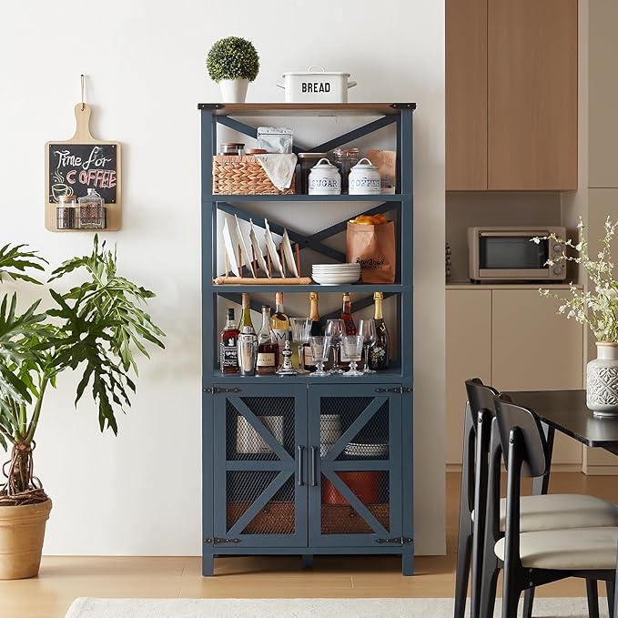 5 Tier Bookshelf 70" Tall Bookcase with Barn Doors,Large Farmhouse Display Book Shelf with Adjustable Shelves and Storage Cabinet,Wood Bookshelves for Living Room,Kitchen,Navy Blue(2PCS)