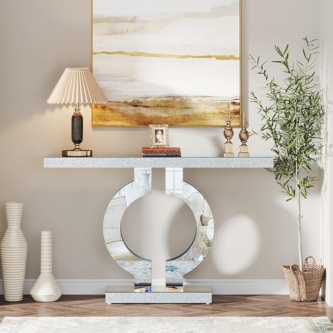 Tribesigns Modern Mirrored Console Table, Glass Sofa Table with Mirror Finish, 43-Inch Entryway Table with O-Shaped Base, Rectangular Accent Foyer Table for Living Room Hallway Entrance (Silver)