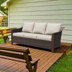 75" Patio Metal Wicker Sofa, 3-seat Deep Seat & Upholstered Couch, Outdoor All-Weather Rattan Loveseat with Washable Cushions, Steel Frame, Garden (Beige and Brown Stripe)