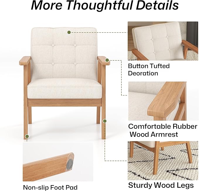 Modern Accent Chair with Arm Rest, Upholstered Linen Fabric Leisure Chair Comfy Side Chair with Backrest Button and Wooden Frame for Living Room Bedroom Reading(Beige), 1 PC