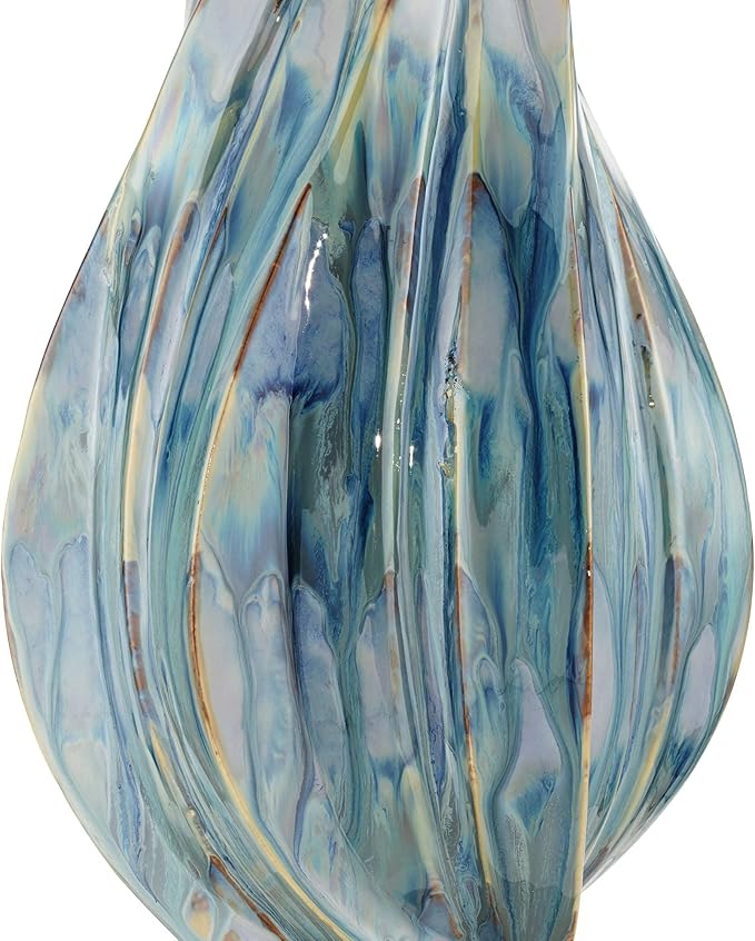 Possini Euro Design Teresa Coastal Modern Table Lamp with Round Riser 32.5" Tall Blue Teal Drip Ceramic Beige Drum Shade Living Room Bedroom House Bedside Nightstand Home Office (Color May Vary)