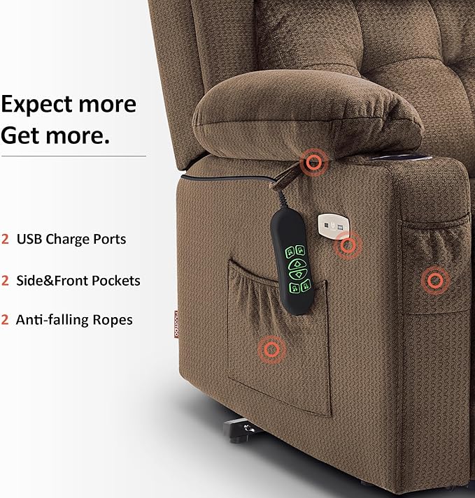 MCombo Medium Triple Motor Power Lift Recliner Chair with Massage and Heat for Elderly People, Adjustable Headrest, Infinite Position, USB Ports, Fabric 7661 (Brown, Medium)