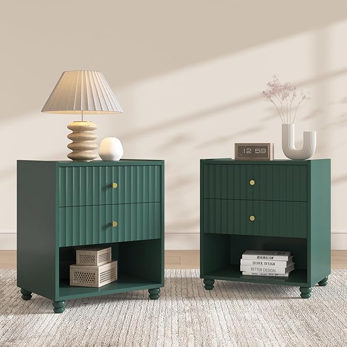 Modern Nightstand Set of 2, Fluted End Table with Open Shelf, Night Stand with 2 Drawers for Bedroom (Green)