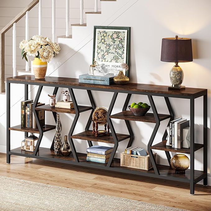 Tribesigns 70.9 Inches Sofa Console Table with 4 Tier Wood Storage Shelves, Industrial Extra Long Narrow Entryway Accent Tables for Hallway, Living Room, Foyer (Rustic Brown)