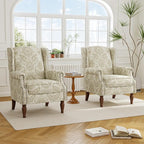 Accent Chair, Upholstered High Back Floral Armchair with Nailhead Trim & Wood Legs, Comfy Wingback Reading Single Sofa Chair for Small Spaces, Living Room, Bedroom ( Light Brown Floral, Set of 2)