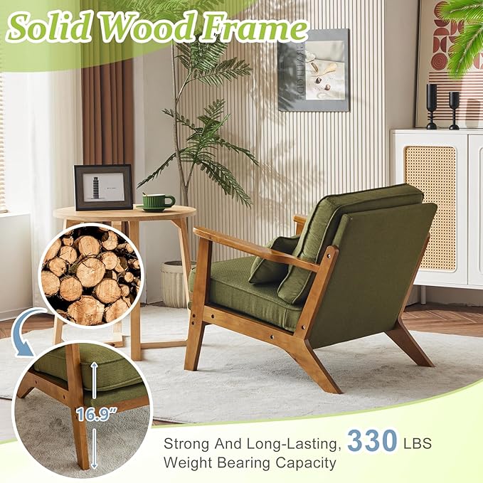 VINGLI Solid Wood Wide Armrests Accent Chair,Upholstered Mid Century Modern Chair with Pillow,Comfy Reading Chair Farmhouse Arm Chair,Chairs Living Room,Bedroom,Guest Room,Linen Fabric,Dark Green