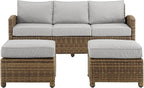 Crosley Furniture Bradenton 3-Piece Outdoor Sofa Patio Furniture Set, Wicker Conversation Sets for Porch, Brown with Gray Cushions