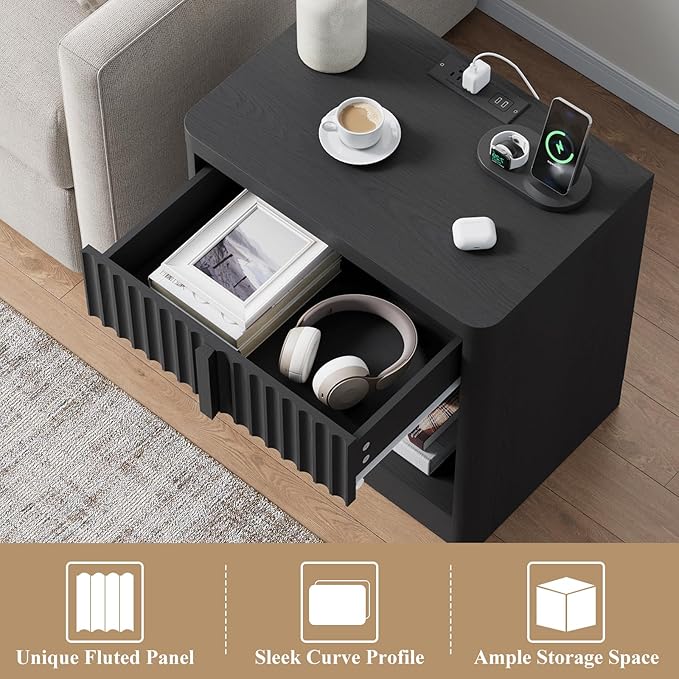Fluted Nightstand Set of 2 with Charging Station, 23.6" Wood End Table with Solid Wood Handle, Curved Profile Design, Mid Century Moden Bedside Table for Bedroom, Black