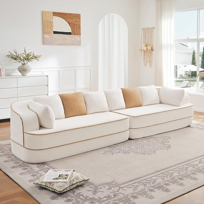 Cloud Sectional Sofa Modern Boneless Couch for Living Room, Comfy Deep Seat Comfy Teddy Fabric Double Sofa Chaise No Assembly Required (White, 135"- 4 Seater)