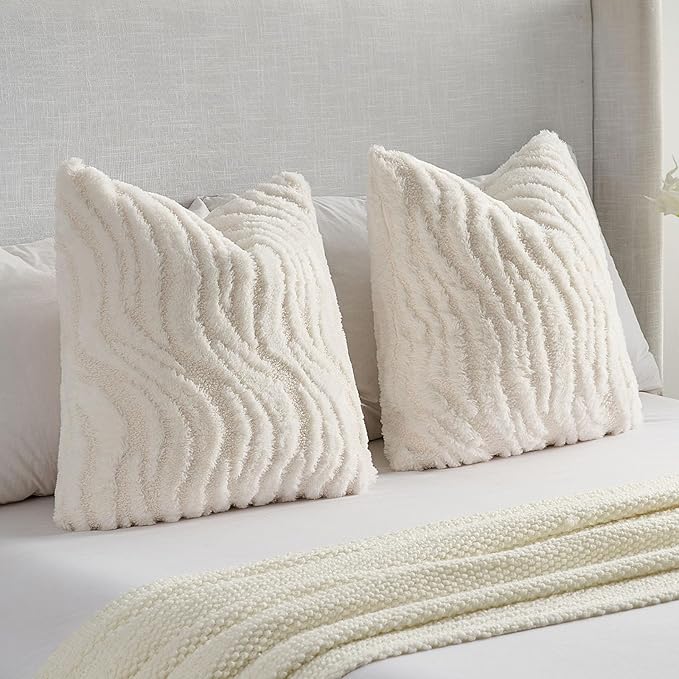 FUTEI White Decorative Throw Pillow Covers 24x24 Inch Set of 2,Soft Faux Fur Geometric Shapes Texture European Cushion Case,Boho Home Decor for Couch Bed Living Room