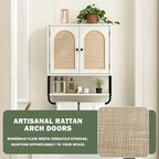 RUSTOWN Rattan Bathroom Wall Cabinet, Boho Over The Toilet Storage Cabinet with Arched Rattan Doors, Modern Medicine Cabinet with Adjustable Shelves & Towel Bar (Vintage White, Medium)