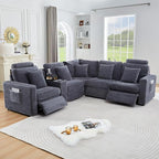 Oversized Modular Sectional Sofa with 2 Power Reclining, Electric Recliner Couch with Storage Console and Adjustable Headrest, Plush Corduroy Fluffy 5 Seat Corner Sofa for Living Room-Blue Grey