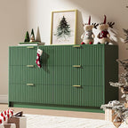 Green 6 Drawer Dresser for Bedroom, 55" Wide Modern Chest of Drawers with Gold Metal Handles, Fluted Wood TV Stand for Living Room, Hallway