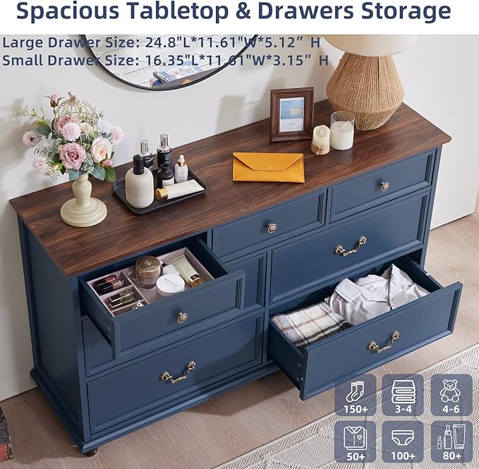 Bedroom Dresser Sets, 54" Wide 7 Drawers Dresser and 45" Tall 5 Drawers Dresser, Wooden 2 Piece Bedroom Furniture Set, Chest of Drawer for Bedroom, Home, Living Room, Hallway, Navy Blue