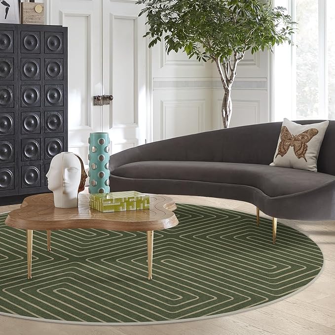 RUGGABLE x Jonathan Adler Machine Washable Area Rug – Labyrinth Fern Green 8 ft Round, Stain-Resistant, Non-Slip – Large Rugs for Living Room, Bedroom, Hallway, Entryway & Office–with Standard Pad